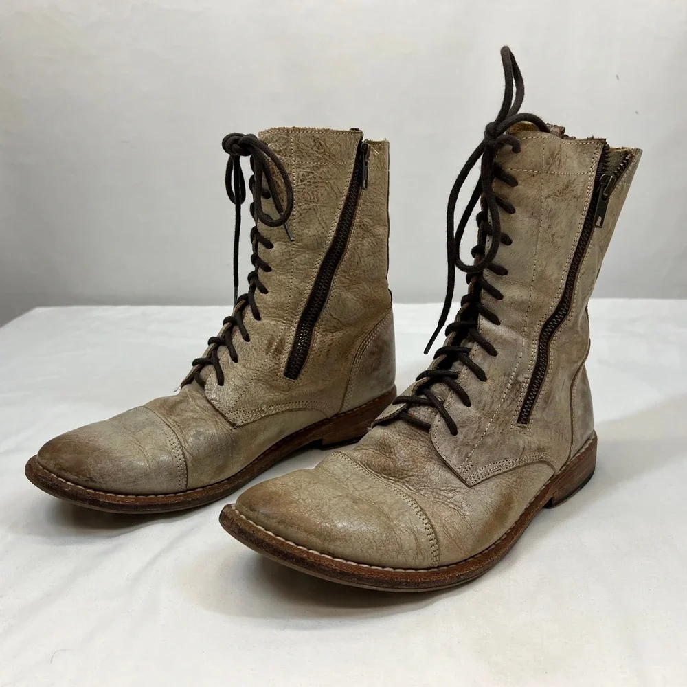 Bed Stu Protege Distressed Tan Leather Cap Toe Combat Boots Size 8 2364